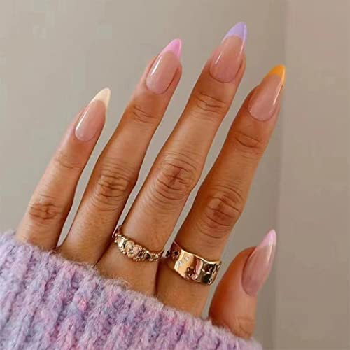 Sethexy Colorful French Almond False Nails Swirl Stiletto Stick on Nails Abstract Rainbow Fake Nails 24Pcs Acrylic Art Press on Nail Tips for Women and Girls