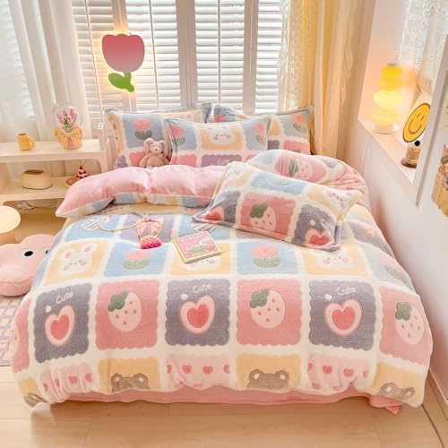 CinYana Plaid Floral Kawaii Cartoon Bunny Duvet Cover Set, Fluffy Comforter Cover, Twin Size Bedding Set (Lovely Grid)