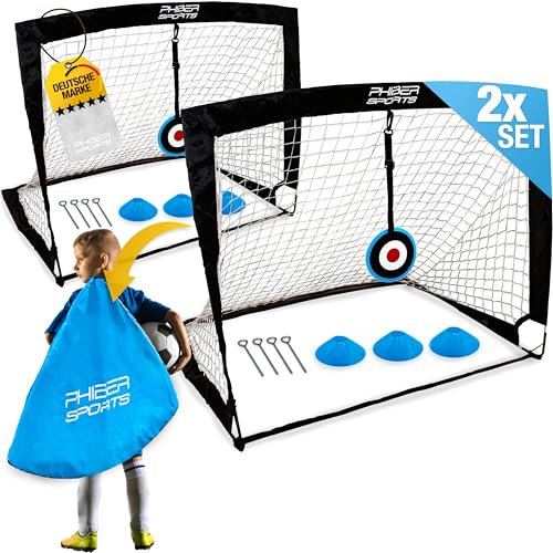 PHIBER-SPORTS 2er Fußballtor Kinder Set - Verbesserte 2025 Version mit verstärkter Glasfaser - Inkl. Tragetasche, 6x Hütchen, 2x Ziel - Fussballtore Für Garten Kinder, Fussballtor Outdoor, Fußball Tor