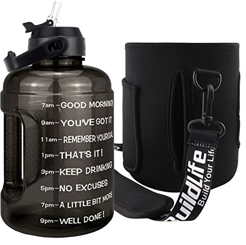 BuildLife Motivational Water Bottle 2.2L - Large Capacity Water Jug with Straw & Time Marker & BPA Free Carrier Bag Adjustable Shoulder Strap Storage Sleeve(Black-Bag, 2.2L)