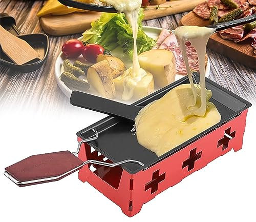 FURLOU Mini Raclette Set, Non-Stick Cheese Melter Raclette Cheese, Cheese Raclette Rotaster with Spatula, with Foldable Handle Cheese Raclette Oven Grill Pan, for Dinner Parties, Appetizers red