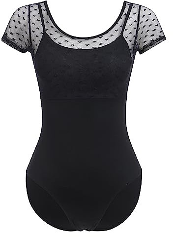 FYMNSI Damen Ballettanzug Ballettbody Sport Yoga Tanz Body Gymnastikanzug Trikot Kurzarm Bodysuit Mesh Einteiler Turnanzug Leotards Overall Oberteile Tops Elegant Ballett Bekleidung Schwarz XL