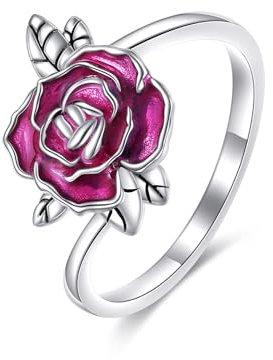 POPLYKE Emaille Rose Ring für Frauen Sterling Silber Blume Ring Geschenk für Mädchen (Rose)