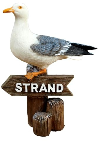Generisch Deko Möwe auf Poller mit Schild - Strand - Holzoptik Maritime Figur Tierfigur H 14,5cm Polystone Badezimmer Deko
