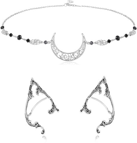 Hifot Boho Kopfkette Schmuck Damen, Elfen Kopfschmuck Schwarzer Kristall Mond Kette Haarschmuck für Frauen und Mädchen, Elfen Ohren Manschette Ohrringe, Haarschmuck Festival Accessoires Hochzeit