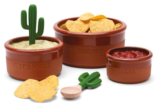 Monkey Business Bowlero Dipschalen Set - Terrakotta Snackschale mit 3 Dipschalen und 2 Dip-Löffeln - Mexikanisches Servierschalen Set