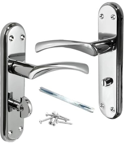 Genova Door Handles Polished Chrome Twist Lever Bathroom Lock on Modern Marina Backplate for Internal Wooden Doors