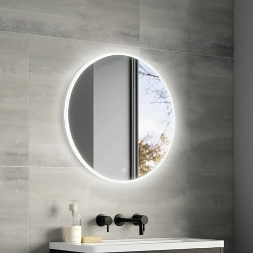 Pebble Grey Illuminated Bathroom Mirror with LED Lights 600mm IP44 Rated - Clarity 3-Colour Dimmable Round Bathroom Mirror with Light, Demister Pad, Touch Sensor Switch, Circular Wall-Mounted Mirrors