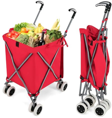 GYMAX Faltbarer Einkaufswagen mit flexiblen Rädern & L-förmige Griff, Höchstlast 90L/50kg, Rollwagen, Oxford-Gewebe & Abdeckung, tragbarer Transportwagen für Einkauf, Camping & Garten (Rot)