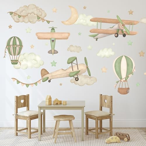 Wally Fox - Wandtattoo Kinderzimmer - Kinderzimmer Deko - Flugzeuge, Luftballons, Sterne, Wolken, grün - XL - 34 Stk