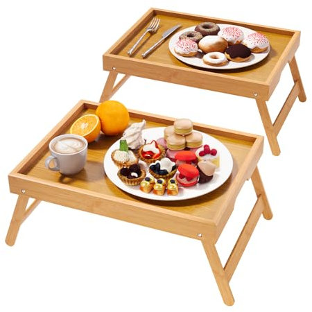 Fibogollo 2 Pack Bamboo Bed Tray Table with Folding Legs,Breakfast Trays,Serving Tray for Food and Snack,Laptop Trays for Working(Natural)