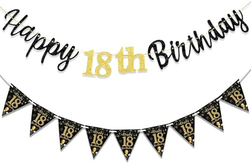 Mailfull Decoracion 18 Cumpleaños Hombre Mujer Oro Negro Feliz Cumpleaños Decoracion Pancarta Triángulo para Chicos Chicas Fiesta