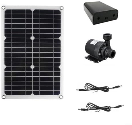 Juego de bomba de agua solar de 20 W, 800 l/h, 12 V CC sin escobillas, diseño de bajo ruido con cabezal de motor de 5 m, incluye panel solar monocristalino y caja de batería, construcción de ABS y