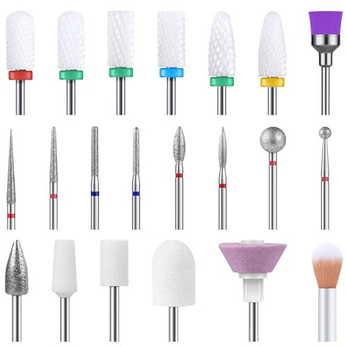 MelodySusie 21 Stück Nagelfräser Bits, Professionelle Nagelfräser Aufsätze, Diamant und Keramik Fräser Nägel Bit für Gelnägel, 3/32 Zoll Elektrische Nagelfräser Bits Set für Maniküre und Pediküre