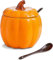 Syzplnwy Bol à soupe en céramique pour citrouille, 10,5 l x 11,5 H cm, mini boîte à poterie avec couvercle et cuillère, petit récipient en porcelaine pour dessert, sel, beurre, sauce, décoration