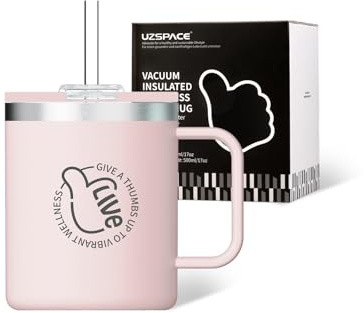 UZSPACE Thermal Mug with Handle 316 Stainless Steel, 500ml Quartz Pink | Adult sippy cup for hot drinks, Reusable coffee cups, Insulated coffee mug for hot or cold drinks, Cups with lids and straws