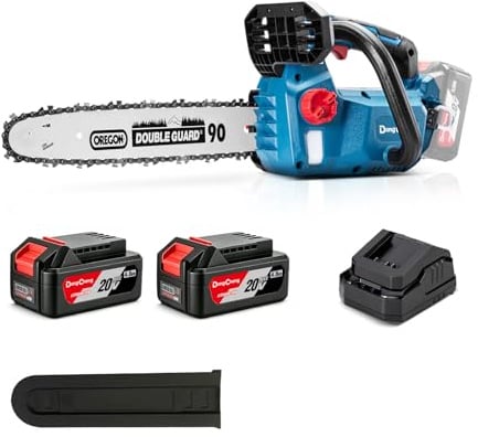 DongCheng Motosega a batteria 20V, brushless, 12 m/s, 2x4,0Ah | Potenza 25cc, fino a 80 tagli su legno 10×10cm, 12m/s, tendicatena senza attrezzi, olio automatico, 30cm lama/catena