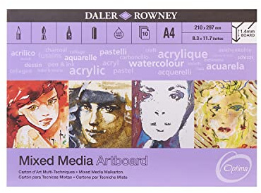 Daler-Rowney Optima 1.4mm Thick A4 Art Board Pad 10 White Sheets | Lightly Textured, Mixed Media, Glued 1 Side, Acid-Free, For Professional Artists & Students