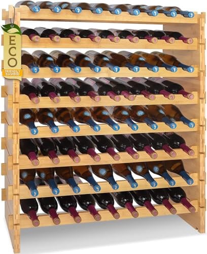 Bamboo Wine Rack, Freestanding 8-Tier 72 Bottle Holder, Wooden Storage Shelves, Stackable Modular Wine Organizer, Display Shelf for Home & Kitchen