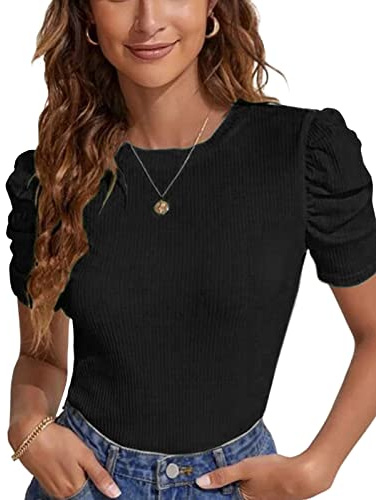 Tuopuda Camisa de Punto para Mujer, Cuello en Redondo Manga Corta Camisetas Puff Manga de Punto Vintage T-Shirts Color Sólido Elegantes Básico Costilla tee Tops