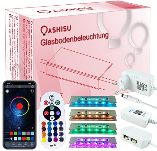 OASHISU Upgrade 4er Set LED Clip Glasbodenbeleuchtung 6*5050SMD RGB LED Bluetooth App-steuerung Glaskantenbeleuchtung Vitrinenbeleuchtung Schrankbeleuchtung mit RF Fernbedienung Farbwechsel Musik Sync