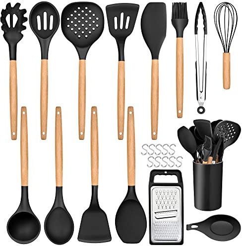 Joyfair Kitchen Utensils Set, 25 Pieces Soft Silicone Cooking Utensil Set with Holder, Natural Wooden Handle Kitchen Spatula Spoon for Cooking Baking, Non Stick & Heat Resistant, Black
