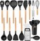 Joyfair Kitchen Utensils Set, 25 Pieces Soft Silicone Cooking Utensil Set with Holder, Natural Wooden Handle Kitchen Spatula Spoon for Cooking Baking, Non Stick & Heat Resistant, Black