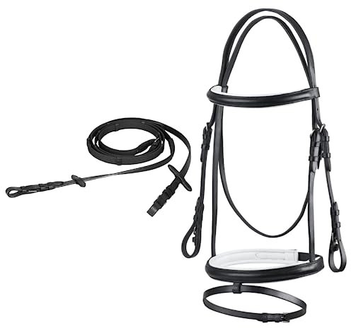 Start Trense Pferd mit Zügel – Anatomisches Trensenzaum Leder für Shetty, Pony, Vollblut, Warmblut, Kaltblut – Englisch kombiniertes Reithalfter, gepolstert & komfortabel (Cob, Schwarz/Weiß)