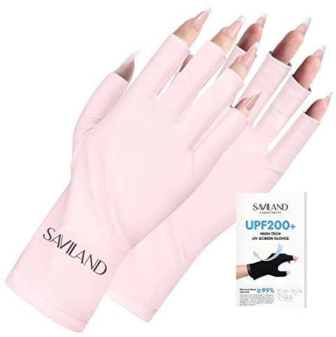 Saviland U V Gloves for Gel Nails - UPF200+ Professional U V Protection Gloves for Manicures,Anti UVA & UVB 999+ U V Nail Gloves for Gel Nail Lamp Skin Care Fingerless Gloves Protect Hands(Light Pink)