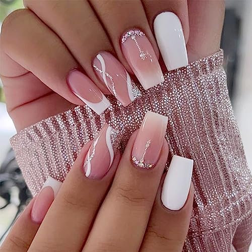 Coffin Long Press on Nails 24 Pcs White Fake Nails Silver Glitter Fake Nails Rhinestone Fake Nails Ballerina Fake Nails