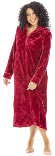 Camille Damen Superweicher Fleece-Hausmantel - Diamantprägung Luxus-Bademantel Mit Reißverschluss - Langärmelig Und Seitentaschen 50-52 Burg