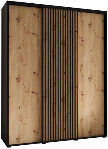 MEBLE KRYSPOL Lanko 1 Schrank mit DREI Schiebetüren mit Stange, Regale - Moderner Aufbewahrungsschrank für Schlafzimmer, Wohnzimmer - 235,2x190x45 cm - Schwarz Artisan Schwarz