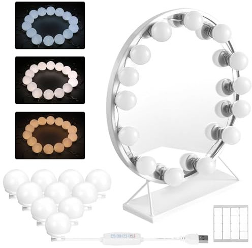 PERMUST 10 LED Spiegelleuchte mit 3 Farbe, Schminktisch Leuchte, Makeup Lampe, Hollywood-Stil Dimmbar Schminklicht, für Kosmetikspiegel, Badzimmer Spiegel