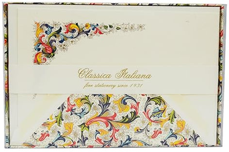 Rossi - 10er Design Briefkarten Set inkl. Briefbox „Florentiner Trad.“ aus Italien 10 Bögen aus Schreibpapier & DIN B6 Brief-Kuvert - Brief Umschläge & Briefpapier mit Blumen-Muster & Goldprägung