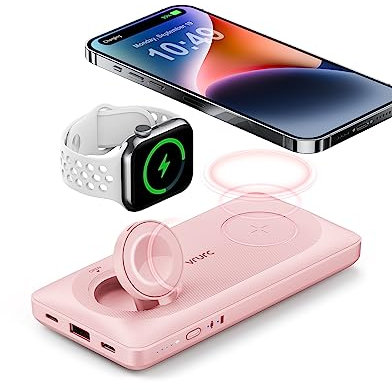 VRURC Batterie Externe sans Fil Magnétique 10000mAh Power Bank USB C 22.5W Charge Rapide 3 in 1 Chargeur Portable Compatible avec iPhone 15/14/13, iWatch 8/7/6, AirPods Pro/2(Rose)