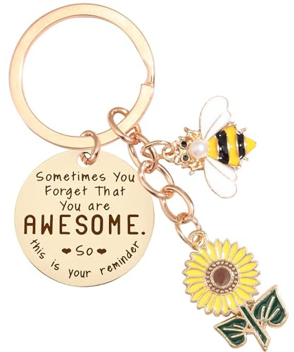 Inspirational Gifts Keyring for Women - Motivational Sunflower Bee Keyrings Sometimes You Forget You're Awesome Positive Keychain for Friends Daughter Sister Encouraging Gift Birthday Chritsmas