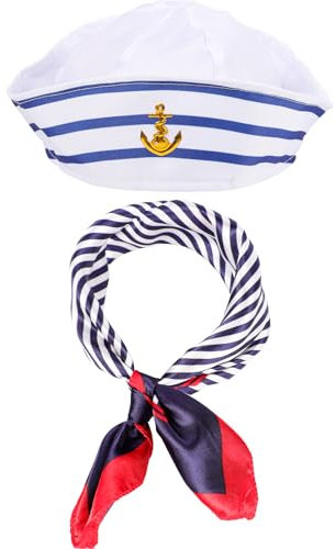 Lancry Matrosenmütze Und Schal Set,Matrosen Kostüm Kapitänsmütze für Herren Damen,Matrosen Marine Hut Mütze Und Blau-Weiß Gestreifter Schal für Verkleidung Party