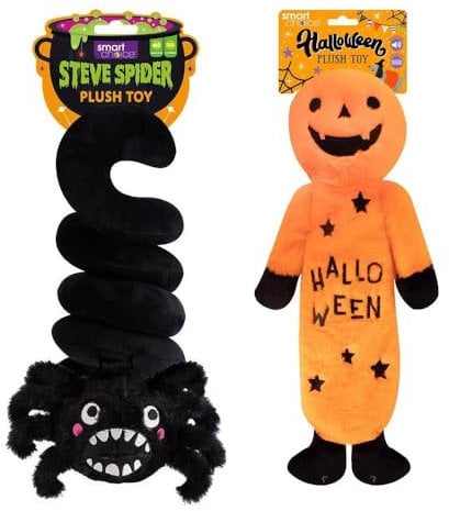 YöL Set of 2 Halloween Plush Pumpkin & Spring Spider Dog Toy Squeaker Puppy Pet Teething Chew Play Rope Tug Toy