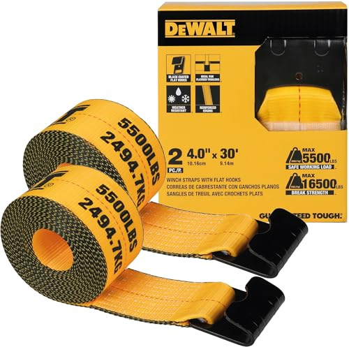 DEWALT DXBC90089 - Correas de cabrestante de 4 Pulgadas x 30 pies, Carga de Trabajo Segura de 5 Libras, Resistencia a la Rotura de 16 Libras, Paquete de 2