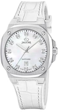 JAGUAR Swiss Made Damenuhr Analog aus Leder Weiß | Quarzuhr, Kalender, Widerstandsfähiges Saphirglas, Wasserdicht 10 ATM, J1032/6, Rondcarre