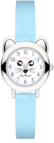 s.Oliver Kinderuhr- 25 mm - Gute Ablesbarkeit - widerstandsfähiges Silikonband - 3 ATM wasserfest - hoher analoge Armbanduhr für Mädchen mit Quarzwerk - Katze - Blume - Geschenkidee