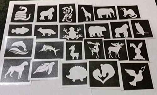 Dazzle Glitter Tattoos: 25 x Glas-Schablonen zum Ätzen - 3-schichtige Tier-Schablonen: Hase, Katze, Pferd, Delfin, Schwan, Hund, Erdmännchen, Verkauf