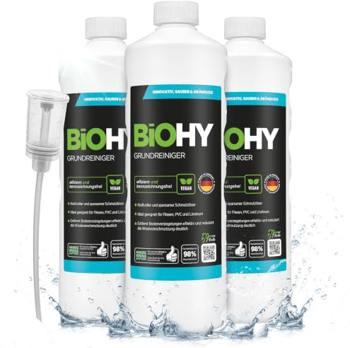 BiOHY Grundreiniger Konzentrat (3 x 1L) + Dosierer | für Waschsauger, Saugwischer & Reinigungsgeräte – Bodenreiniger für Fliesen, Stein & Hartböden, schaumkontrolliert für Maschinen