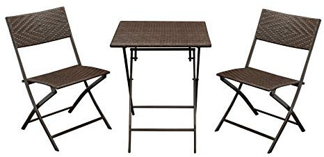 DEGAMO Bistroset Rossano 3-teilig, alle Teile klappbar, Gestell Stahl moccafarben, Bespannung Polyrattan braun Bicolor, wetterfest