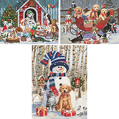 Bits and Pieces - Vorteilsset mit drei (3) 500 Teilen Puzzles für Erwachsene – jedes Puzzle misst 46 cm x 61 cm – Feiertags-Christima Schnee-Welpen-Puzzles von Künstler William Vanderdasson