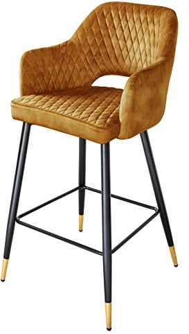 Riess Ambiente Eleganter Barhocker Paris senfgelb Samt mit Ziersteppung und goldene Fußkappen Fußkappen Hocker Hausbar Sitzhocker
