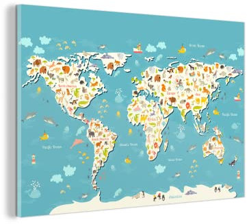 Glasbild Glasfoto Wandbild Bilder Deko 60x40 cm Weltkarte - Kinder - Tiere - Kinder - Jungen - Mädchen