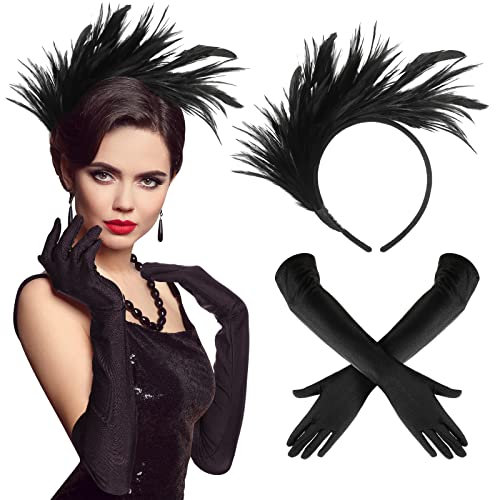 BBTO 2 Stück 1920er Flapper Zubehör Set Feder Haarreif Handschuhe Set für Damen Fascinator und Lange Handschuhe 20er Kostüm Accessoires für Halloween Abschlussball Fasching (Schwarz, Vintage Stil)