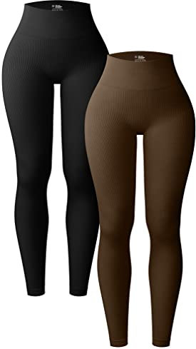 OQQ Damen 2 Stück Yoga Leggings Gerippt Nahtlos Workout Hohe Taille Athletic Pants, Schwarz - Black Coffee, M