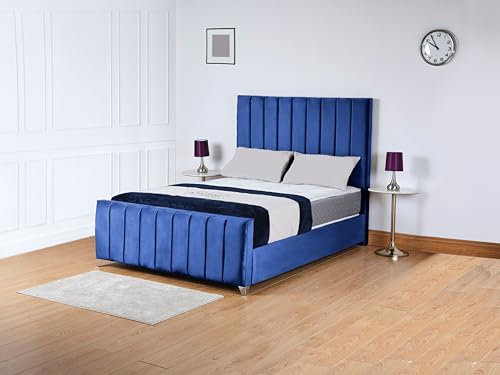 Living Comfort Bedz | Zurich Plush Velvet Bed – Elegant Vertical Lined Headboard & Footboard with Silver Trim Detailing (Blue, 4FT6 Double Gas Lift Storage No Mattress)